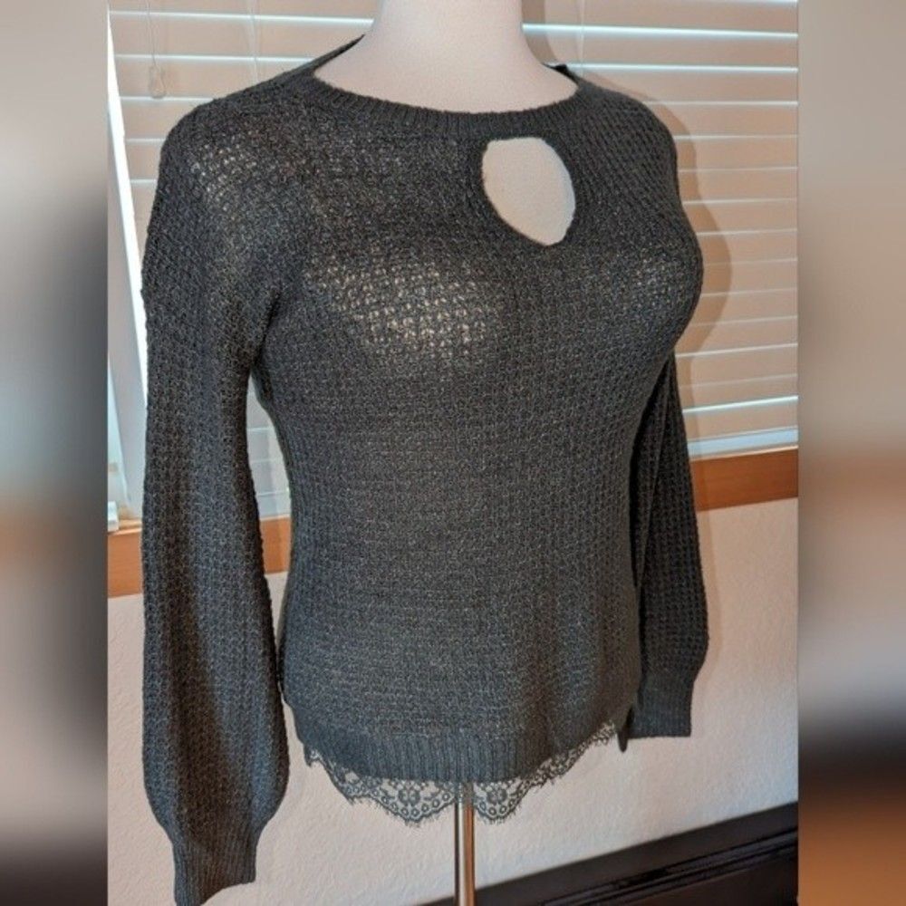 Hem & Thread Gray Knit Sweater with Lace Hem